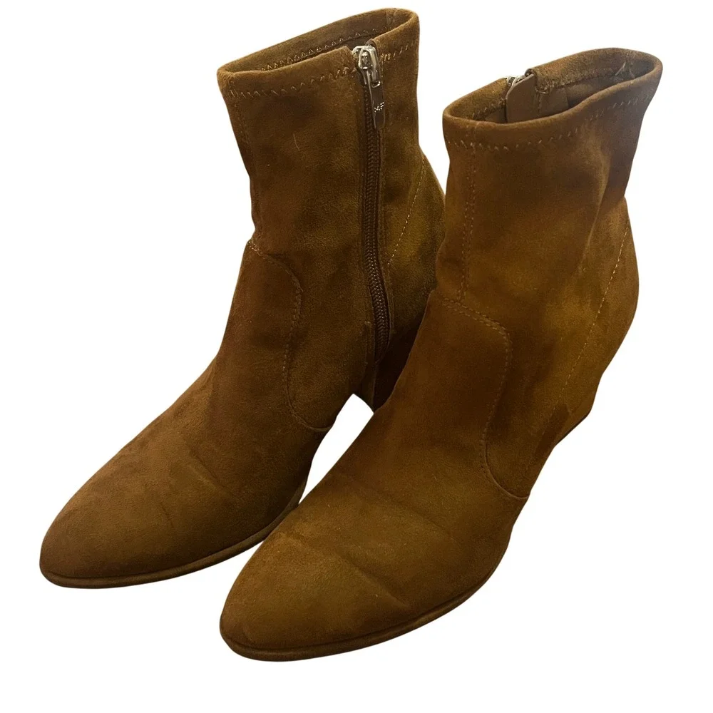 Marc Fisher Leave Brown Faux Suede Pointed Toe Block Heel Ankle Boots Size 7.5M